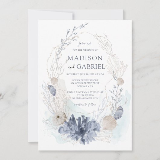 Etherische Waterverf Koraal Seashell Seaside Weddi Kaart (Voorkant)