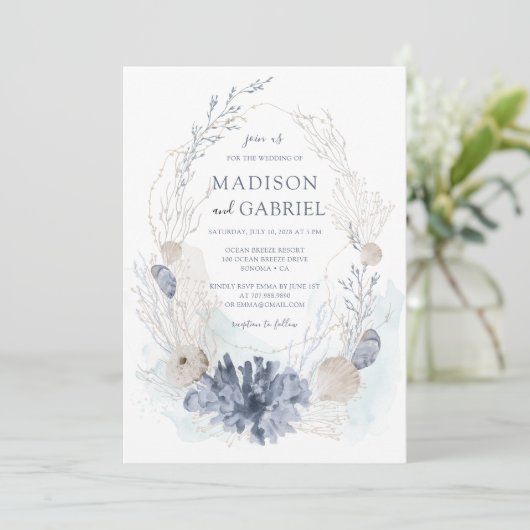 Etherische Waterverf Koraal Seashell Seaside Weddi Kaart (Staand voorkant)