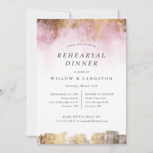 Etherische Waterverf Roze Goud Repetitie Diner Kaart (Voorkant)