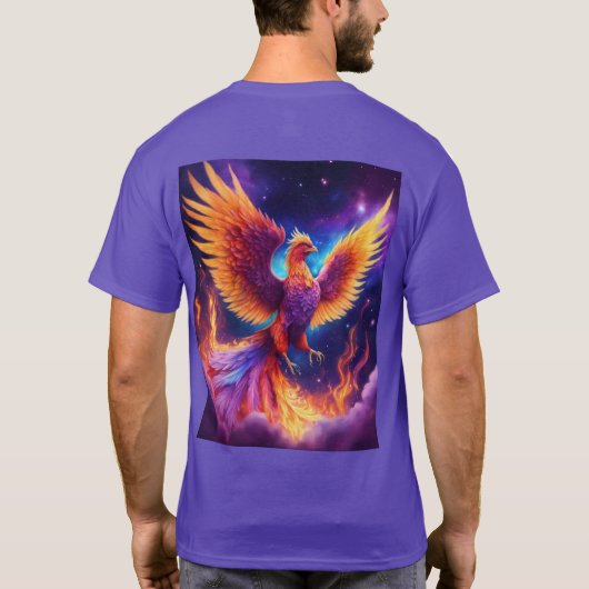 Etherische wedergeboorte: Rainbow Phoenix in Viole T-shirt (Achterkant)