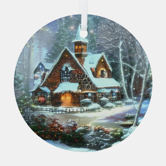 Etherische Winter Scene Kinkade geïnspireerd Glas Ornament (Achterkant)