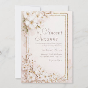 Etherische Witte Bloesem Gouden Glitter Bruiloft Kaart