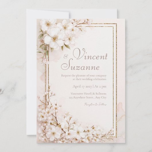 Etherische Witte Bloesem Gouden Glitter Bruiloft Kaart (Voorkant)
