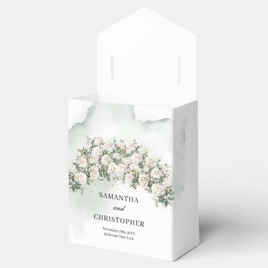 Etherische witte rozen krans groen gouden bruiloft bedankdoosjes (Geopend)