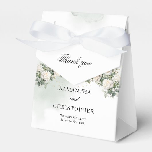 Etherische witte rozen krans groen gouden bruiloft bedankdoosjes (Voorkant Zijde)