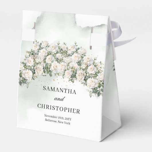 Etherische witte rozen krans groen gouden bruiloft bedankdoosjes (Achterkant)