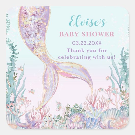 ETHERISCHE Zeemeermin onder het Zeeen Baby shower Vierkante Sticker (Voorkant)
