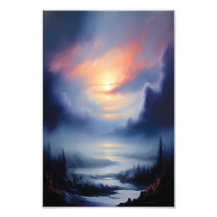 Etherische zonsopkomst boven nevelig berglandschap foto afdruk