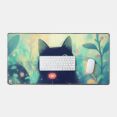Etherische Zwarte Kat Koraal Roze Whimsical Tuin Bureaumat (Keyboard & Muis)