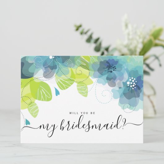 Ethermale blauwe bloemen zal je mijn bruidsmeisje  kaart (Staand voorkant)