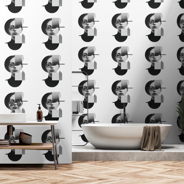 Ethers portret gefragmenteerd door geometrische ku behang (Badkamer)