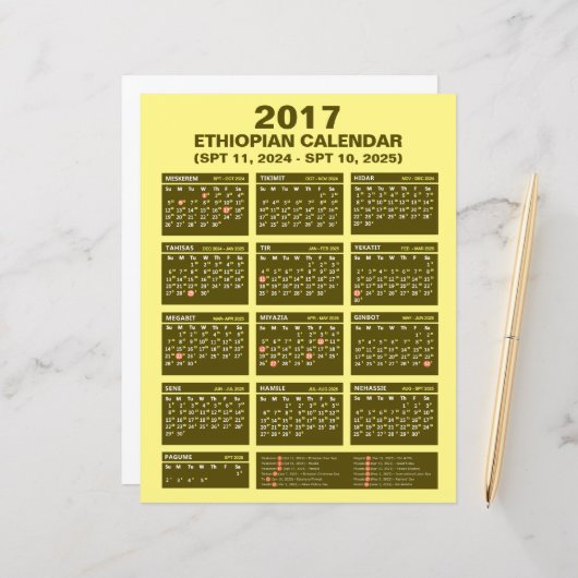 Ethiopische kalender Converter SPT 2024 tot 2025 (Voorkant / Achterkant in situ)