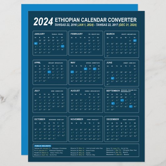 Ethiopische kalender Converter voor het jaar 2024 (Voorkant / Achterkant)