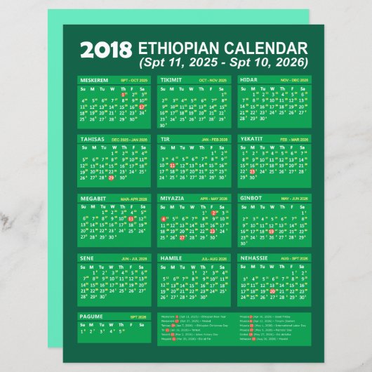 Ethiopische Kalender Converter voor Jaar 2025 2026 (Voorkant / Achterkant)