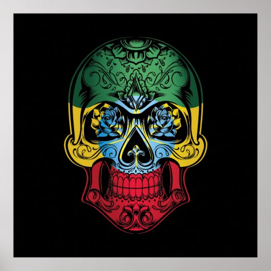 Ethiopische schedel en Rozen vlag Poster (Voorkant)