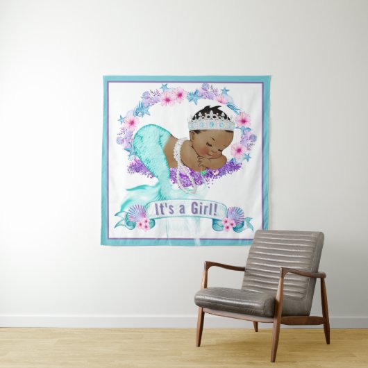 Ethische Zeemeermin Baby Shower Achtergrond Banner Wandkleed (In situ)