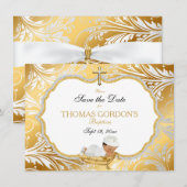 Ethnic Baby Boy Baptisme Save Date Gold Cross Save The Date (Voorkant / Achterkant)