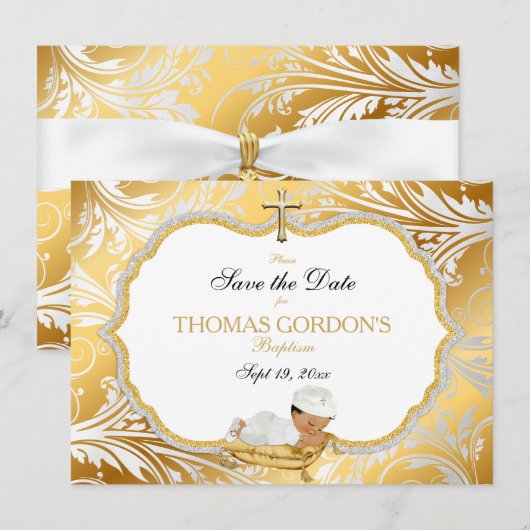 Ethnic Baby Boy Baptisme Save Date Gold Cross Save The Date (Voorkant / Achterkant)