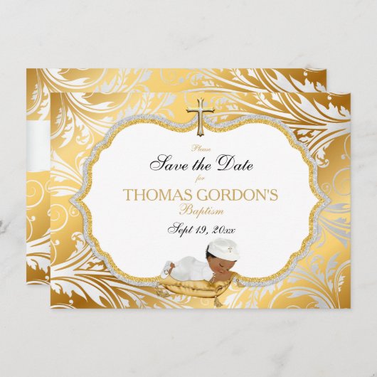 Ethnic Baby Boy Baptisme Save Date Gold Cross Save The Date (Voorkant / Achterkant)