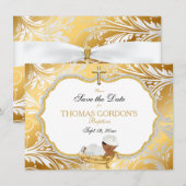 Ethnic Baby Boy Baptisme Save Date Gold Cross Save The Date (Voorkant / Achterkant)