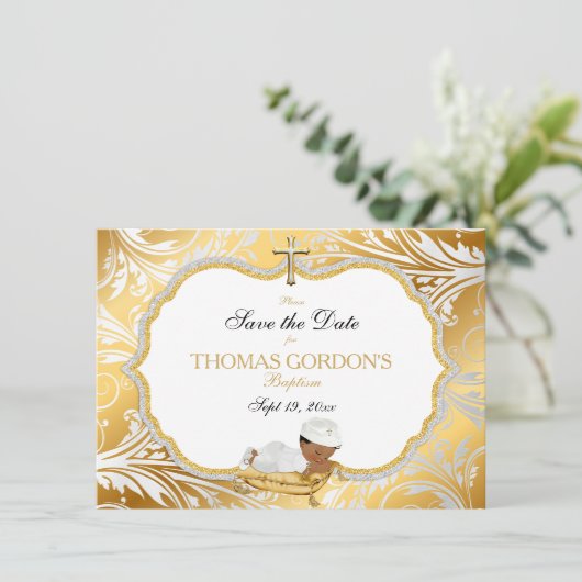 Ethnic Baby Boy Baptisme Save Date Gold Cross Save The Date (Staand voorkant)
