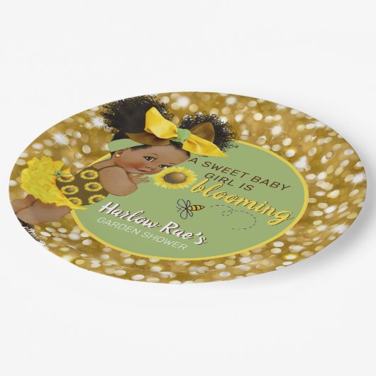 Ethnic Baby Girl | Gele zonnebloem Glitter Papieren Bordje (Gekanteld)