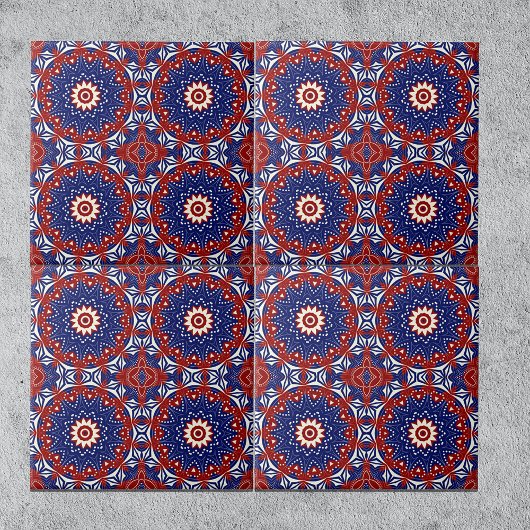 Ethnic Blue White Mosaic Geometric Pattern Tegeltje