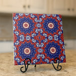 Ethnic Blue White Mosaic Geometric Pattern Tegeltje<br><div class="desc">Dit decoratieve ontwerp van keramische tegel combineert geometrische vormen in blauw,  rood en wit tot creëer een levendig accent in elke ruimte.</div>