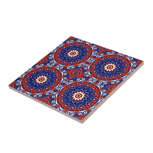Ethnic Blue White Mosaic Geometric Pattern Tegeltje (Zijkant)