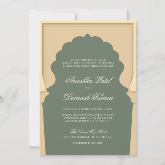 Ethnic Boho Indian Ivory Arch Sage Green Wedding Kaart (Voorkant)