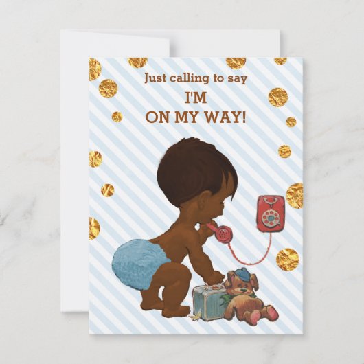 Ethnic Boy on Phone Stripes Gold Stippen Baby show Kaart (Voorkant)