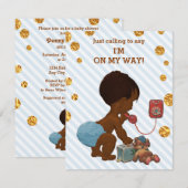Ethnic Boy on Phone Stripes Gold Stippen Baby show Kaart (Voorkant / Achterkant)