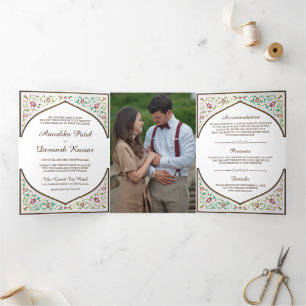 Ethnic Brown  Floral Arch Indian Wedding Drieluik Uitnodiging