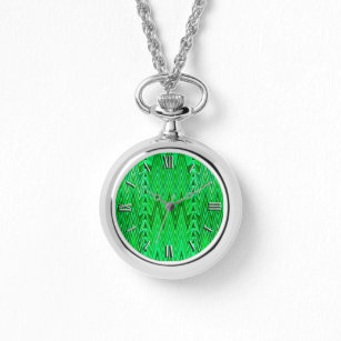 Ethnic Chevron Damask, Emerald en Lime Green Horloge