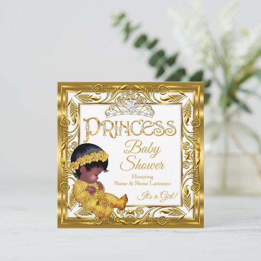 Ethnic Dark Golden Princess Baby shower Gold White Kaart (Staand voorkant)