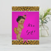 Ethnic Girl Baby shower Leopard Hot Pink Kaart (Staand voorkant)