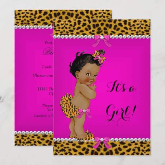 Ethnic Girl Baby shower Leopard Hot Pink Kaart (Voorkant / Achterkant)