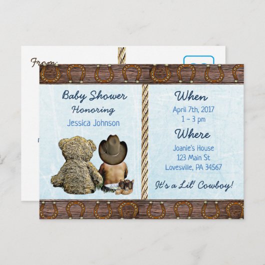 Ethnic Lil Cowboy Boy en Teddy Bear Baby Inv Uitnodiging Briefkaart (Voorkant / Achterkant)