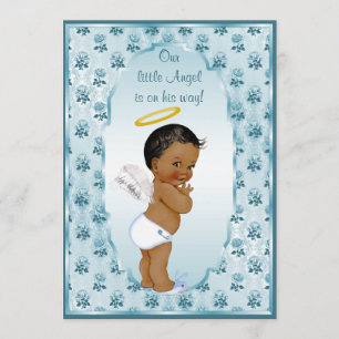 Ethnic Little Boy Angel Blue Rozen Baby shower Kaart