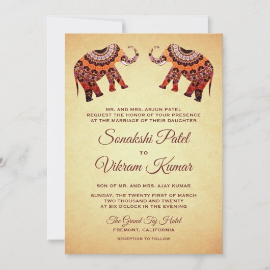 Ethnic Mandala Elephants Indian Wedding Invitation Kaart (Voorkant)