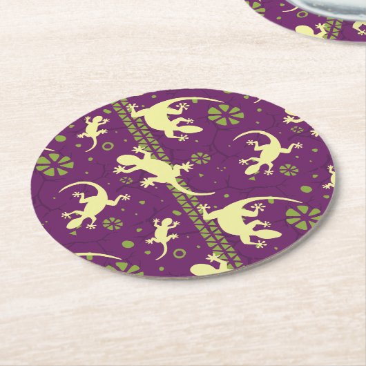 Ethnic Pattern Paars Green Gecko Lizard Print Ronde Kartonnen Onderzetter (Gebogen)
