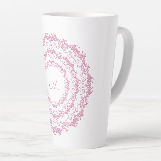 Ethnic Pink Floral Mandala, Monogram. Latte Mok (Rechterhoek)