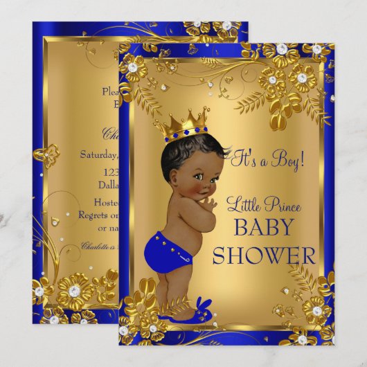 Ethnic Prince Boy Baby shower Gold Blue Floral Kaart (Voorkant / Achterkant)