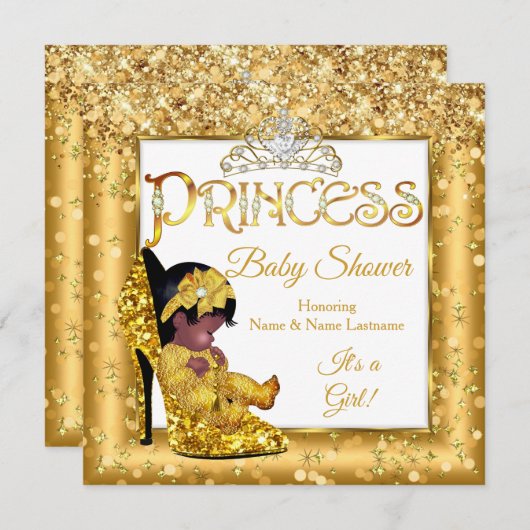 Ethnic Princess Baby shower Gold High Heel Glitter Kaart (Voorkant / Achterkant)
