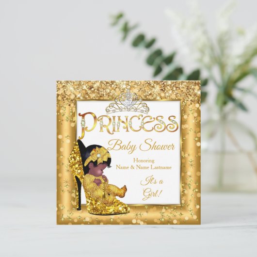 Ethnic Princess Baby shower Gold High Heel Glitter Kaart (Staand voorkant)