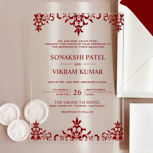 Ethnic Red Damask Indian Wedding Acryl Uitnodigingen