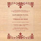 Ethnic Red Damask Indian Wedding Acryl Uitnodigingen (Voorkant)