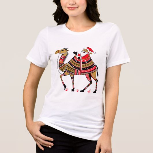 Ethnic Santa and Camel Winter Print Tri-Blend Shirt (Voorkant)