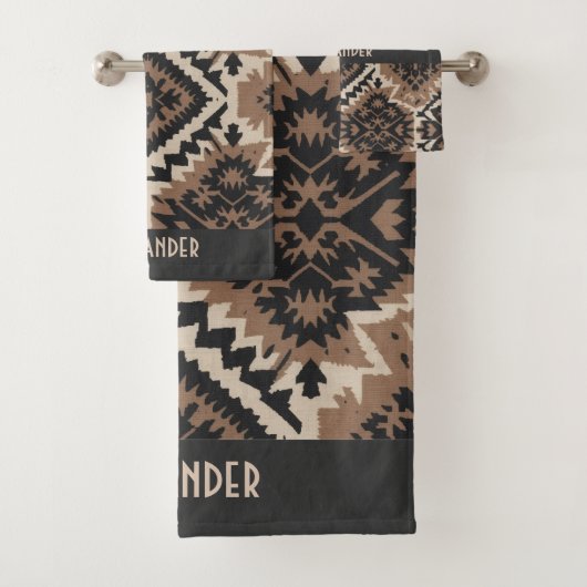 Ethnic Tribal Mudcloth Black & Tan Bad Handdoek (Insitu)