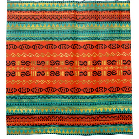 Ethnic Tribal Pattern Gold Oranje en Blauwgroen Douchegordijn (Voorkant)